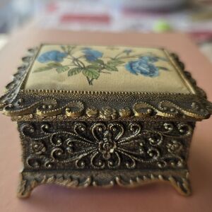 Vintage Ornate Jewelry / Trinket Box with Floral Lid | Made in Japan